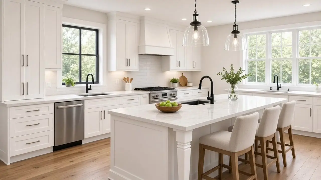 Bright newly remodeled white kitchen with a marble-look island and pendant lights